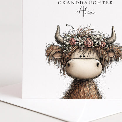 Granddaughter Birthday Card, Cute Highland Cow Card, Personalised Granddaughter Card, Floral Cow Card, Printed Children’s Birthday Card