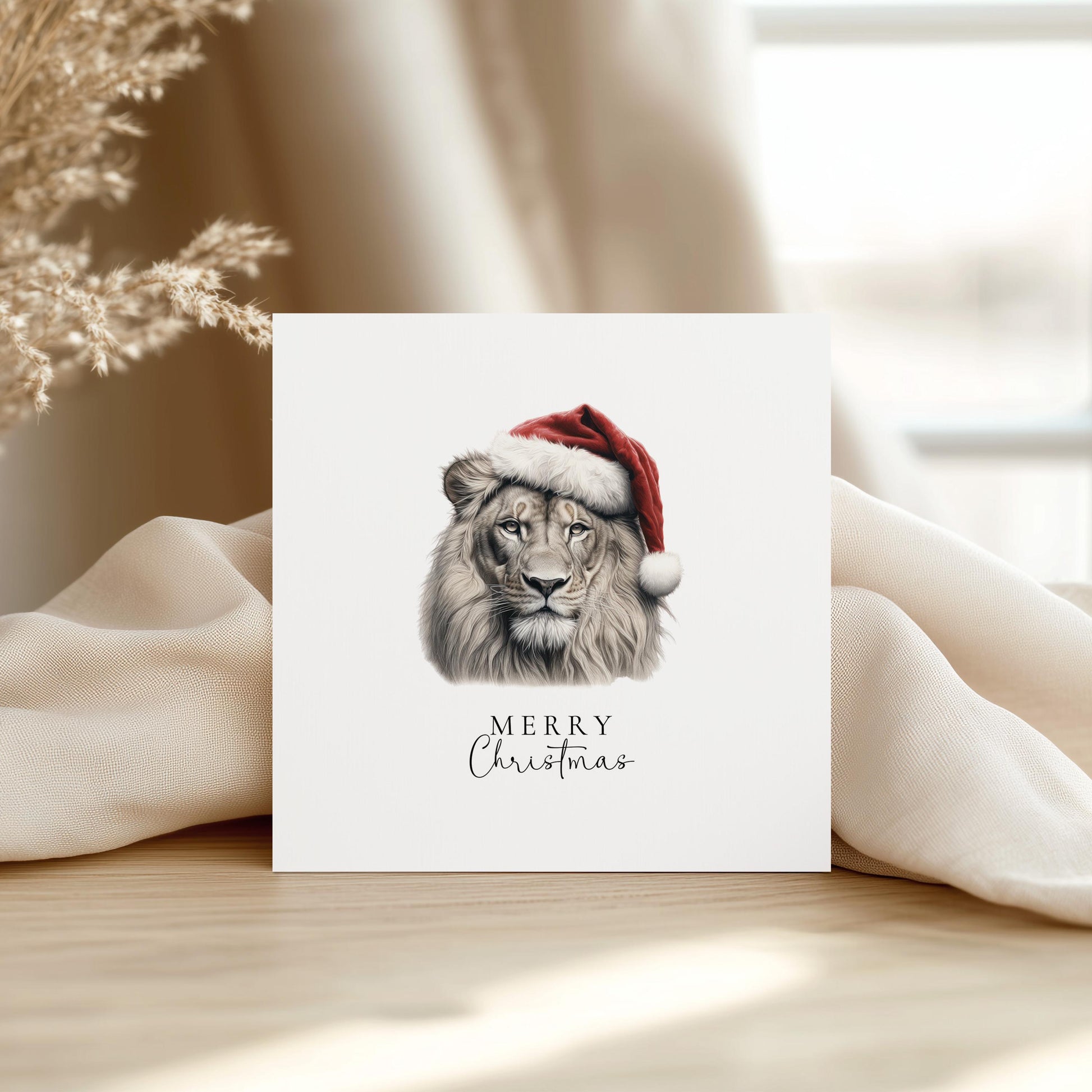 Merry Christmas Lion Card, Wild Animal in Santa Hat, Wildlife Christmas Card, Festive Animal Greeting Card, Unique Nature Christmas Card