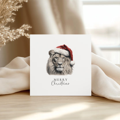 Merry Christmas Lion Card, Wild Animal in Santa Hat, Wildlife Christmas Card, Festive Animal Greeting Card, Unique Nature Christmas Card