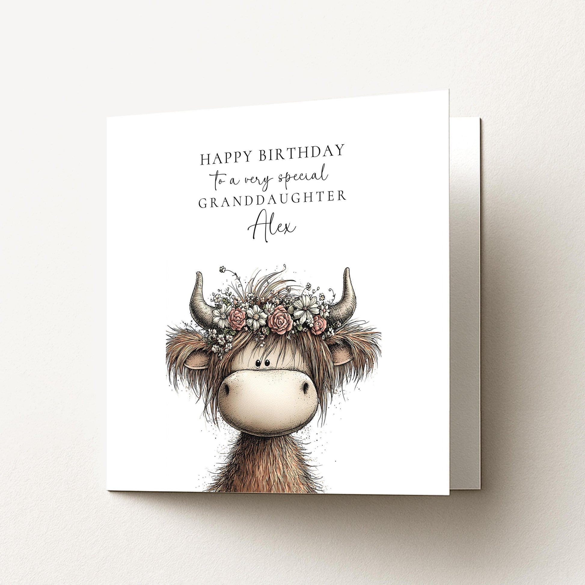 Granddaughter Birthday Card, Cute Highland Cow Card, Personalised Granddaughter Card, Floral Cow Card, Printed Children’s Birthday Card