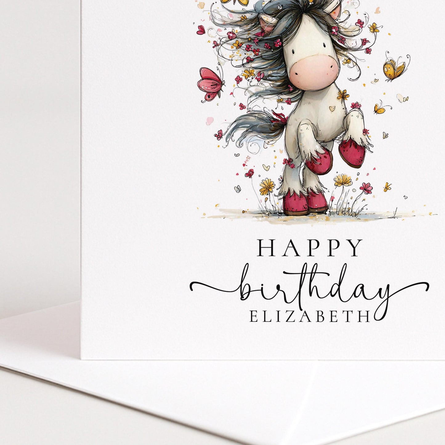 Cute Pony Birthday Card Personalised, Horse Birthday Card for Girls, Butterfly Pony Card, Custom Name Card for Daughter, Granddaughter