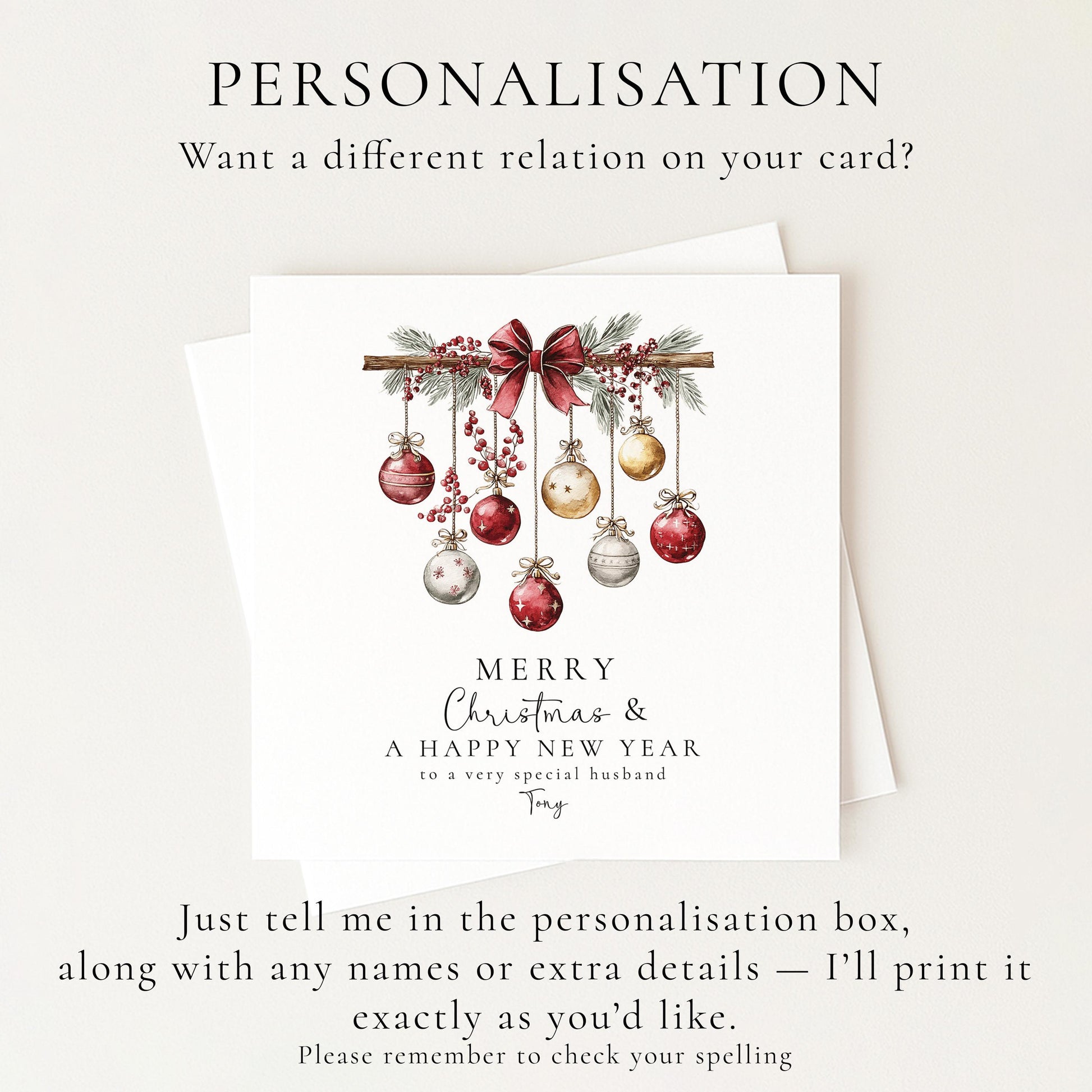 Christmas Husband Card, Personalised Merry Christmas Card for Husband, Custom Name Bauble Card, Festive Holiday Card for Him