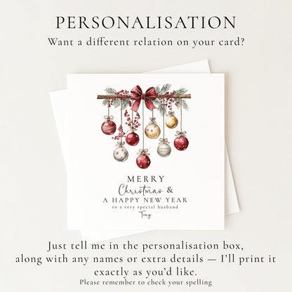 Christmas Husband Card, Personalised Merry Christmas Card for Husband, Custom Name Bauble Card, Festive Holiday Card for Him