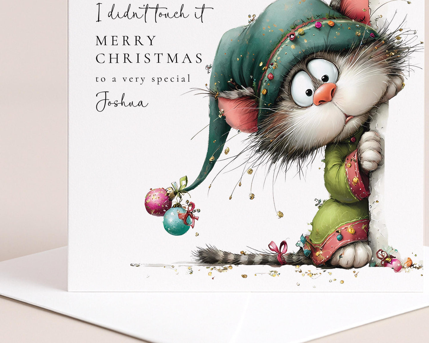 Personalised Funny Cat Christmas Card, Cute Mischief Cat Xmas Card, Custom Name Holiday Card, Cat Lover Christmas Card