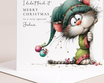 Personalised Funny Cat Christmas Card, Cute Mischief Cat Xmas Card, Custom Name Holiday Card, Cat Lover Christmas Card