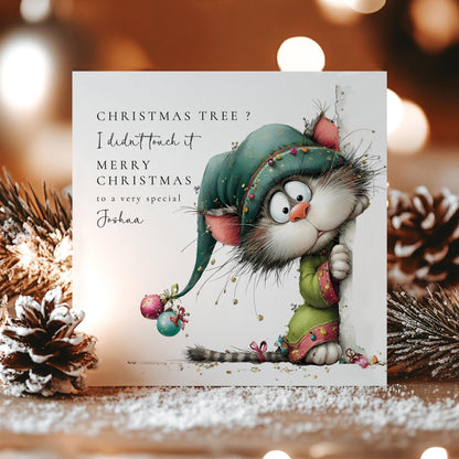 Personalised Funny Cat Christmas Card, Cute Mischief Cat Xmas Card, Custom Name Holiday Card, Cat Lover Christmas Card