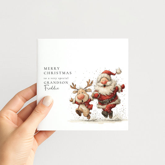 Grandson Christmas Card Personalised, Cute Santa and Reindeer Xmas Card, Special Grandson Christmas Card, Festive Card for Kids UK