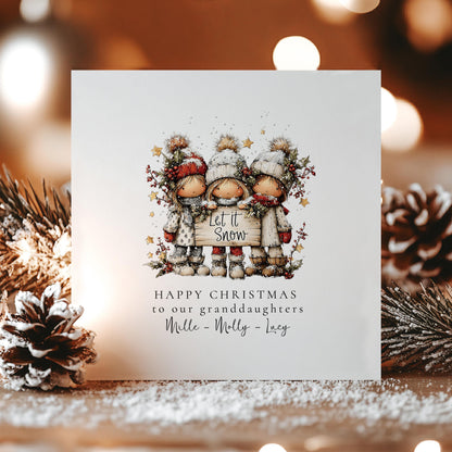 Let It Snow Christmas Card for Granddaughters, Cute Winter Girls Design, Personalised Granddaughter Xmas Card, Happy Christmas Card
