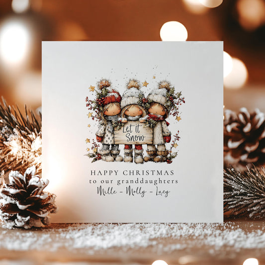 Let It Snow Christmas Card for Granddaughters, Cute Winter Girls Design, Personalised Granddaughter Xmas Card, Happy Christmas Card