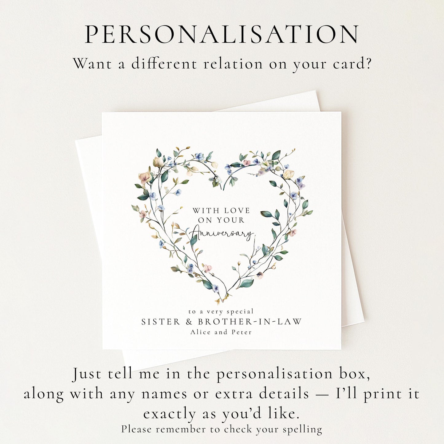 Anniversary Card for Sister and Brother in Law, Floral Heart Anniversary Card, Personalised Family Anniversary Card
