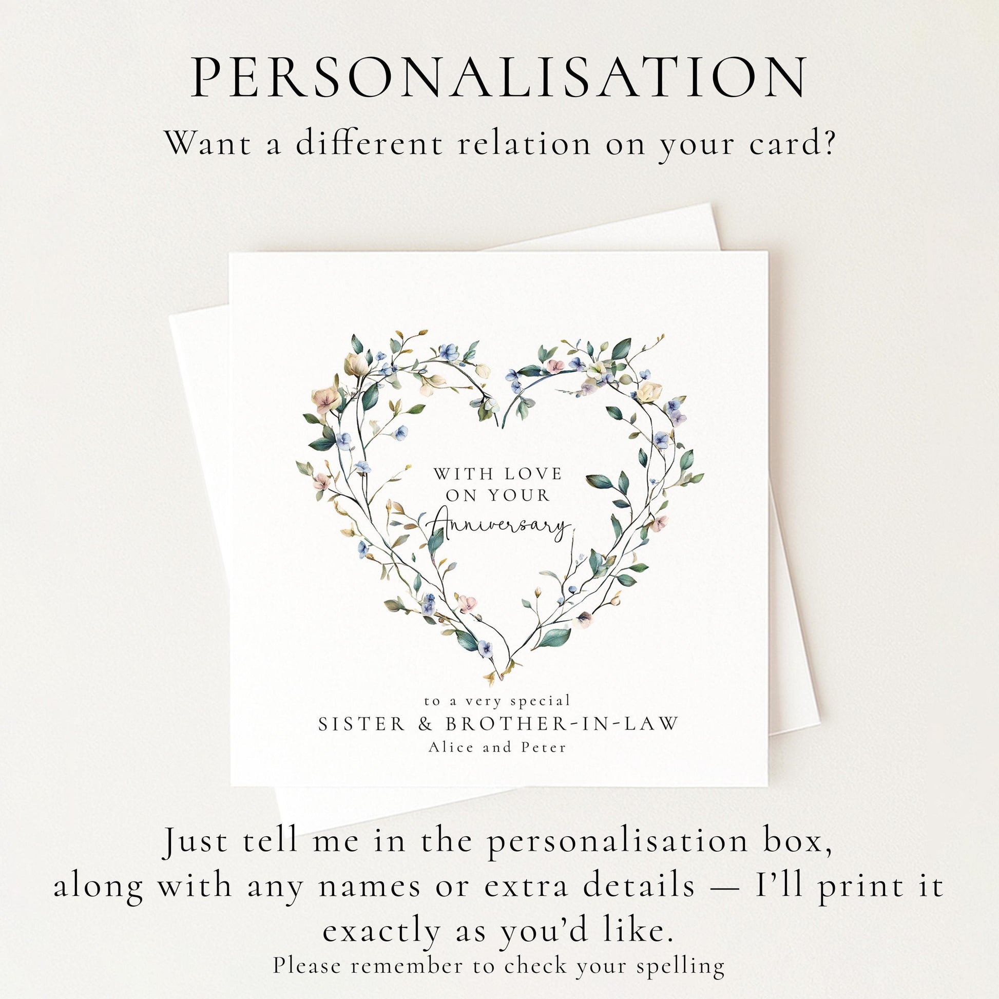 Anniversary Card for Sister and Brother in Law, Floral Heart Anniversary Card, Personalised Family Anniversary Card
