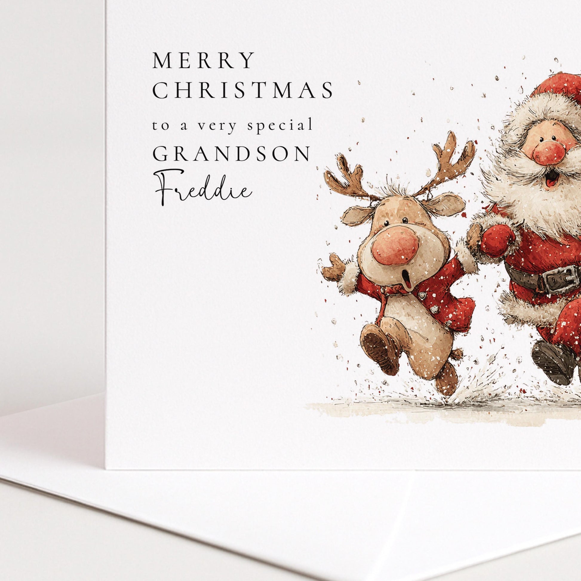 Grandson Christmas Card Personalised, Cute Santa and Reindeer Xmas Card, Special Grandson Christmas Card, Festive Card for Kids UK