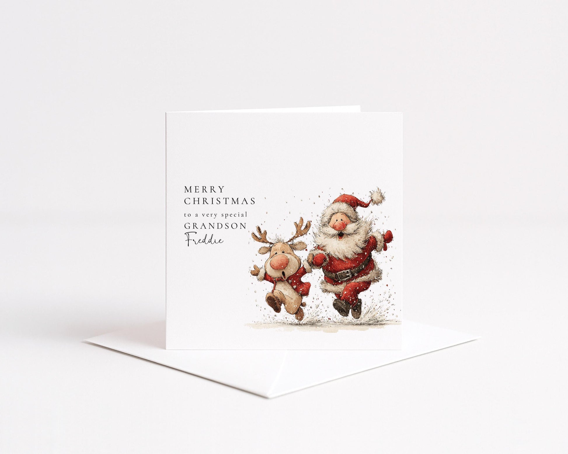 Grandson Christmas Card Personalised, Cute Santa and Reindeer Xmas Card, Special Grandson Christmas Card, Festive Card for Kids UK