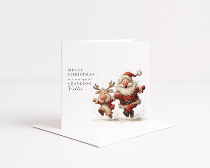 Grandson Christmas Card Personalised, Cute Santa and Reindeer Xmas Card, Special Grandson Christmas Card, Festive Card for Kids UK