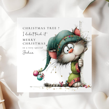 Personalised Funny Cat Christmas Card, Cute Mischief Cat Xmas Card, Custom Name Holiday Card, Cat Lover Christmas Card