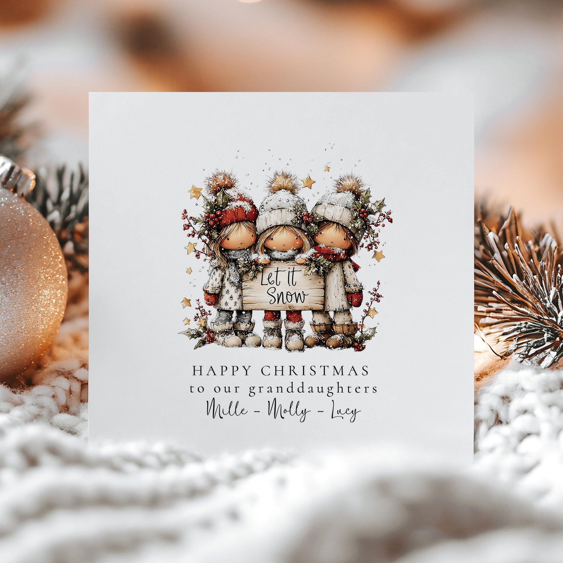 Let It Snow Christmas Card for Granddaughters, Cute Winter Girls Design, Personalised Granddaughter Xmas Card, Happy Christmas Card