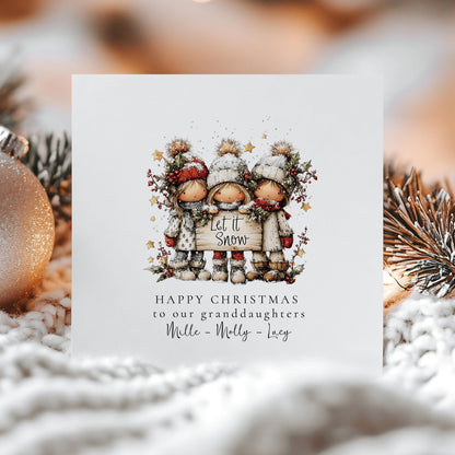 Let It Snow Christmas Card for Granddaughters, Cute Winter Girls Design, Personalised Granddaughter Xmas Card, Happy Christmas Card