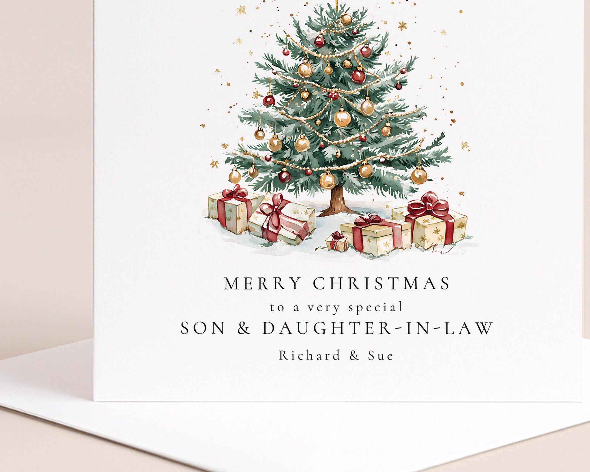 Personalised Christmas Card for Son & Daughter-in-Law, Luxury Christmas Tree Card, Custom Names, Keepsake Card for Couple