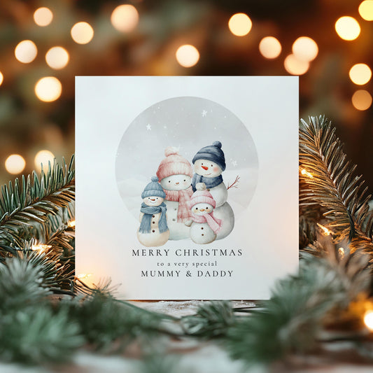 Christmas Card for Mummy and Daddy from Children, Personalised Snowman Family Card, Custom Name Parents Christmas Card