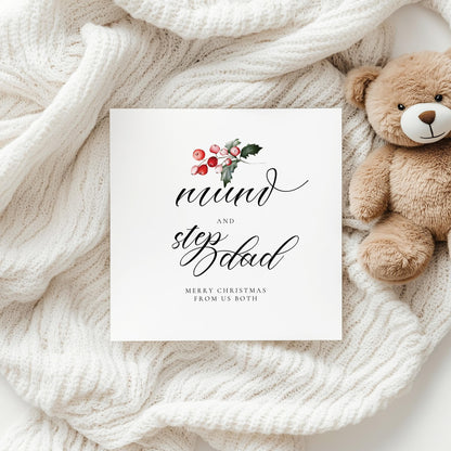 Mum and Step Dad Christmas Card, From Us Both Christmas Card, Blended Family Festive Card for Mum and Stepfather, Square Holiday Card UK