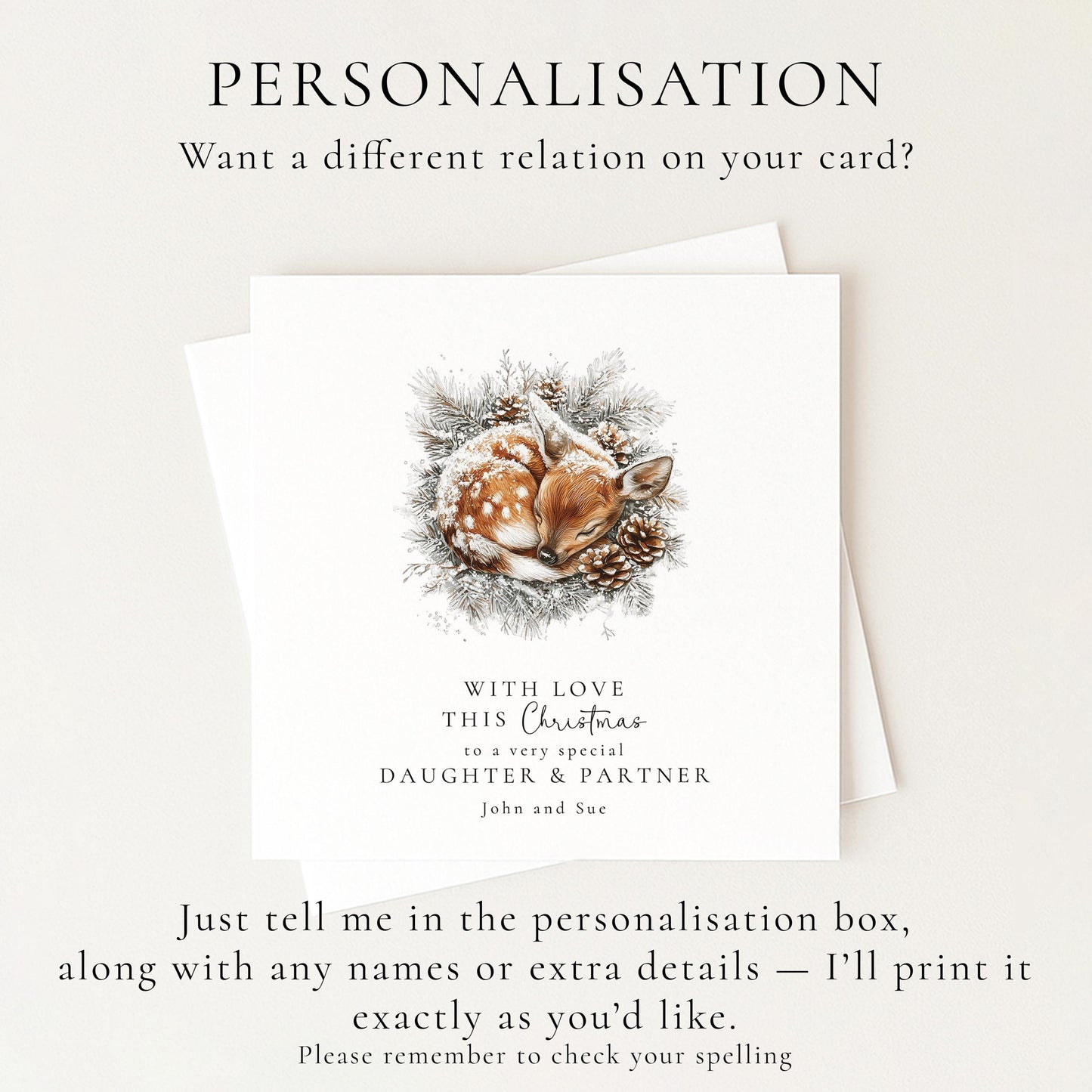 Daughter & Partner Christmas Card, Personalised Deer Card, Cute Winter Couple Xmas Card