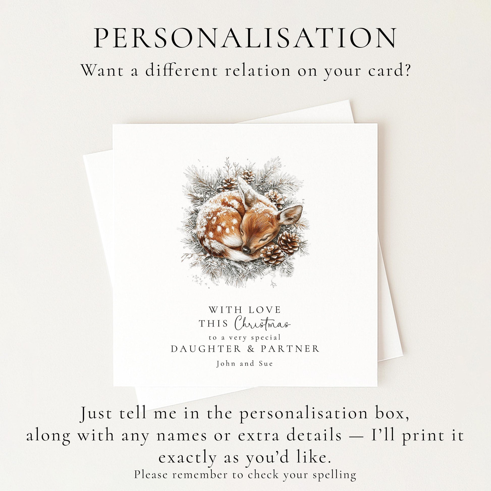 Daughter & Partner Christmas Card, Personalised Deer Card, Cute Winter Couple Xmas Card