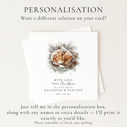 Daughter & Partner Christmas Card, Personalised Deer Card, Cute Winter Couple Xmas Card