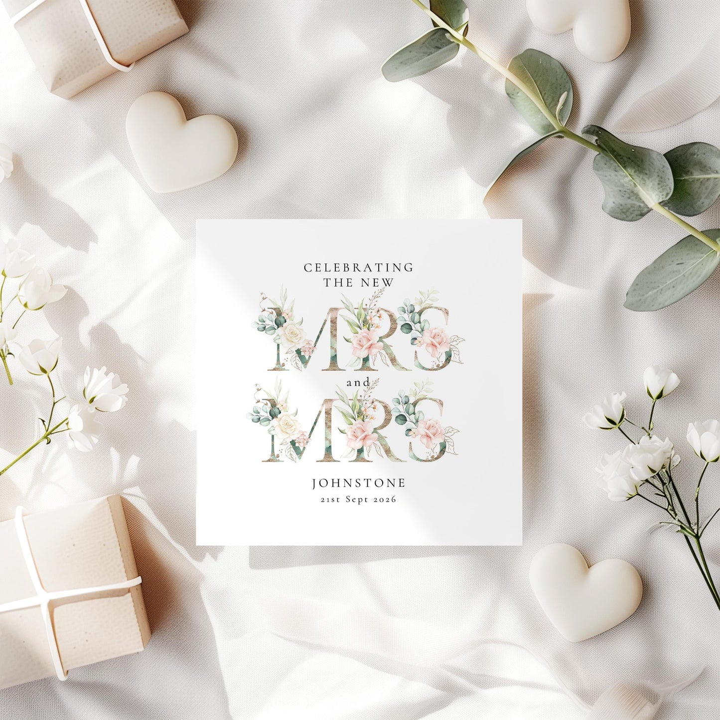 Personalised New Mrs and Mrs Wedding Card, Floral Lesbian Wedding Card, Custom Name Same Sex Marriage Card, LGBT Wedding Congratulations