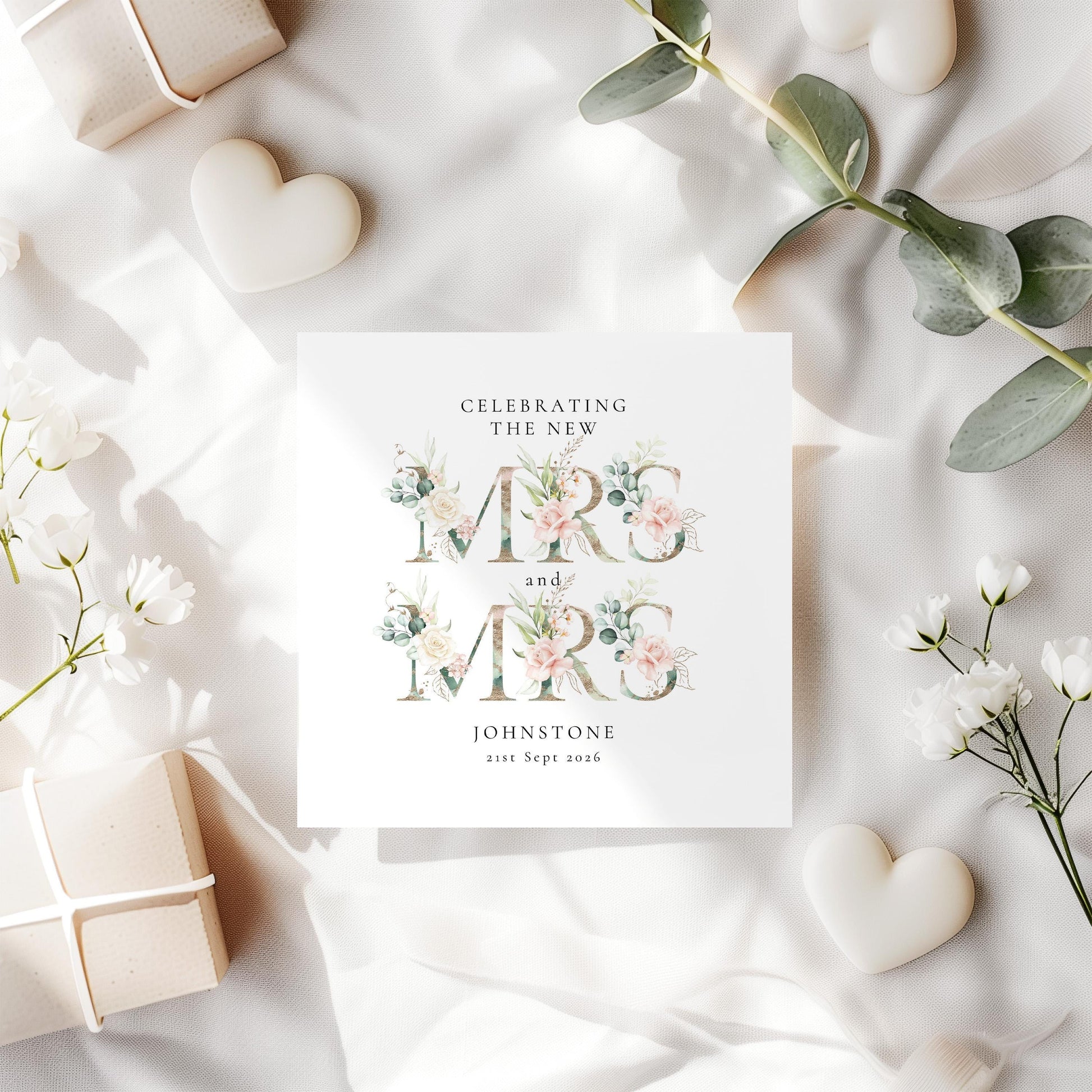 Personalised New Mrs and Mrs Wedding Card, Floral Lesbian Wedding Card, Custom Name Same Sex Marriage Card, LGBT Wedding Congratulations