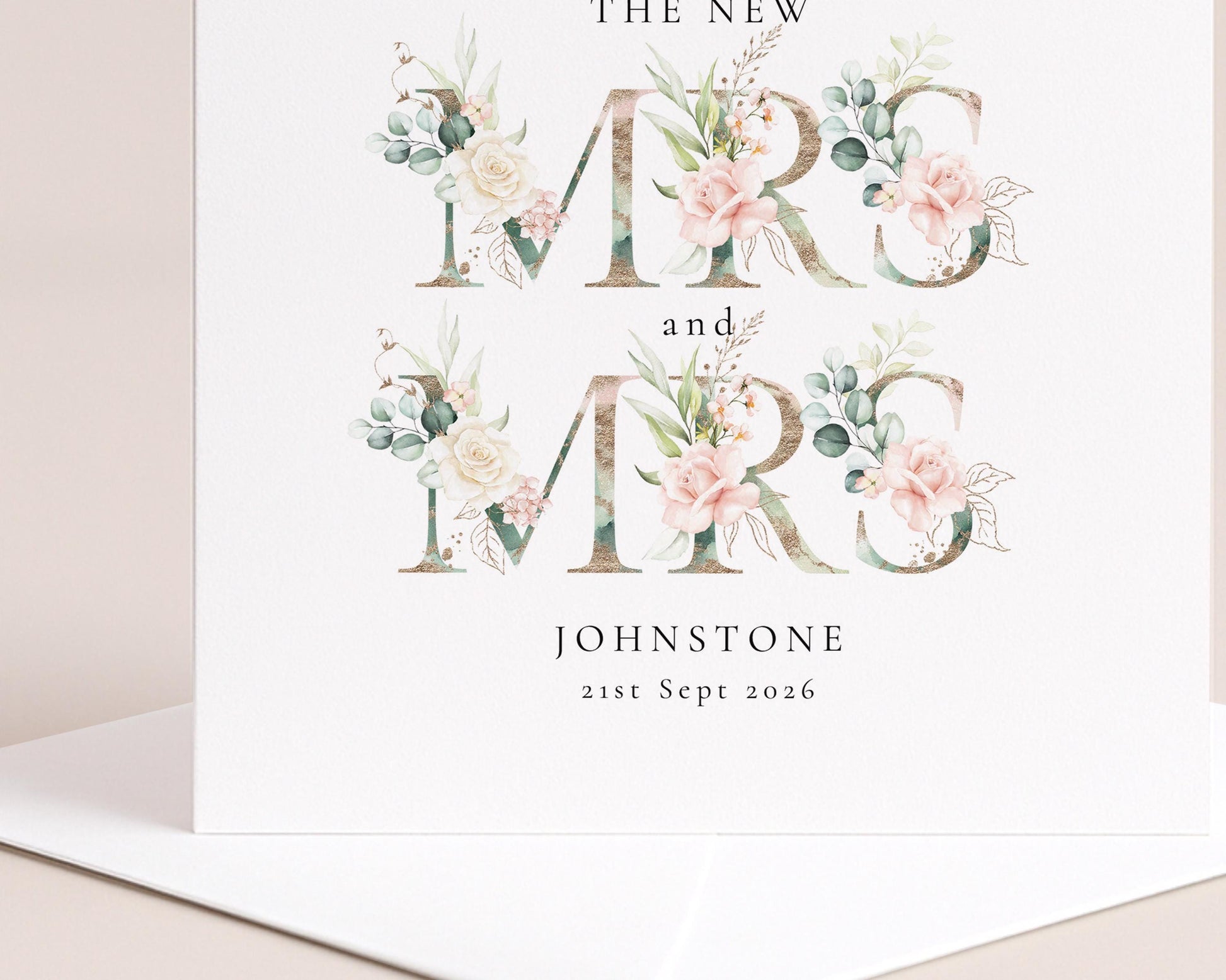 Personalised New Mrs and Mrs Wedding Card, Floral Lesbian Wedding Card, Custom Name Same Sex Marriage Card, LGBT Wedding Congratulations