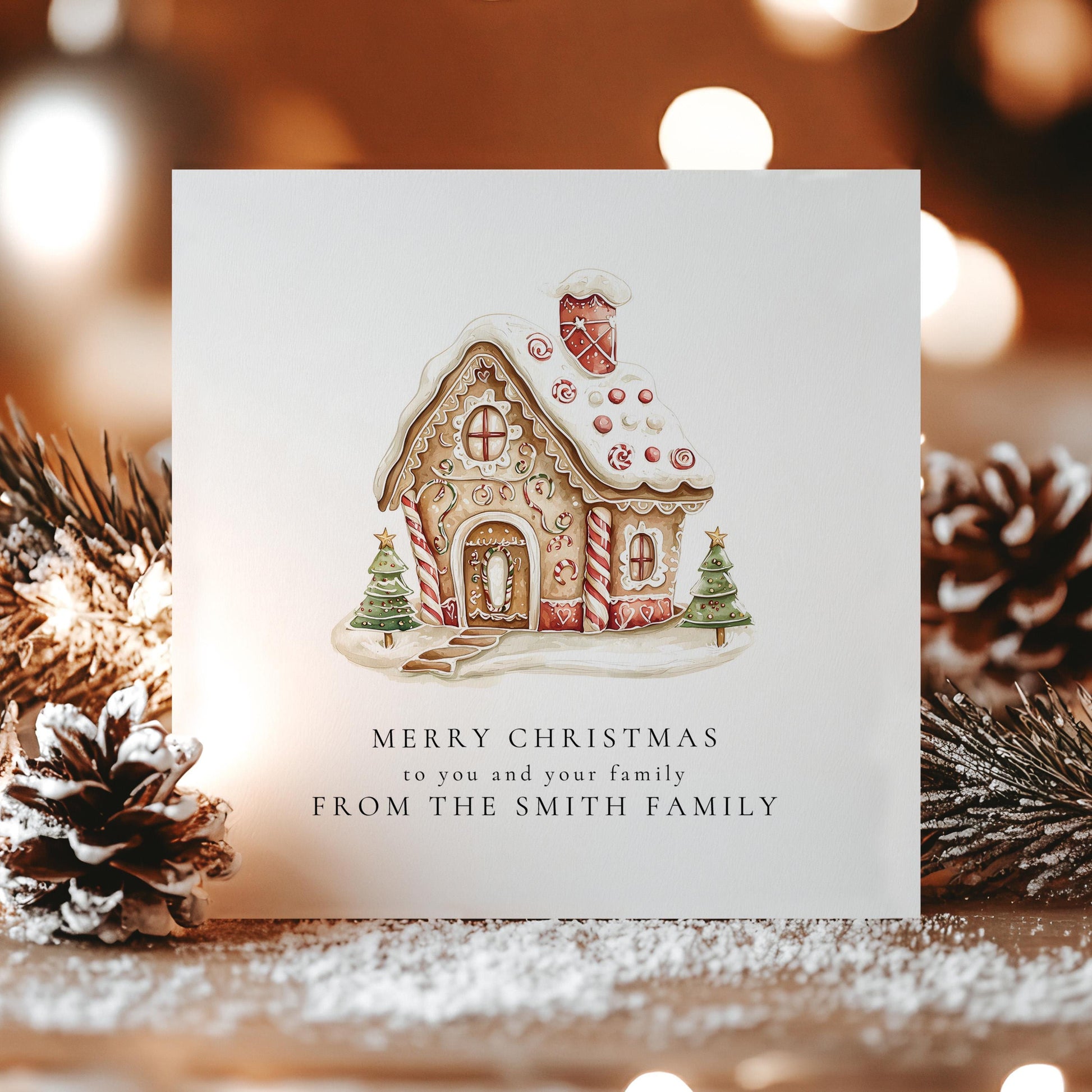 From Our Family to Yours Christmas Card, Gingerbread House Card, Personalised Family Christmas Card, Holiday Card for Friends & Neighbours