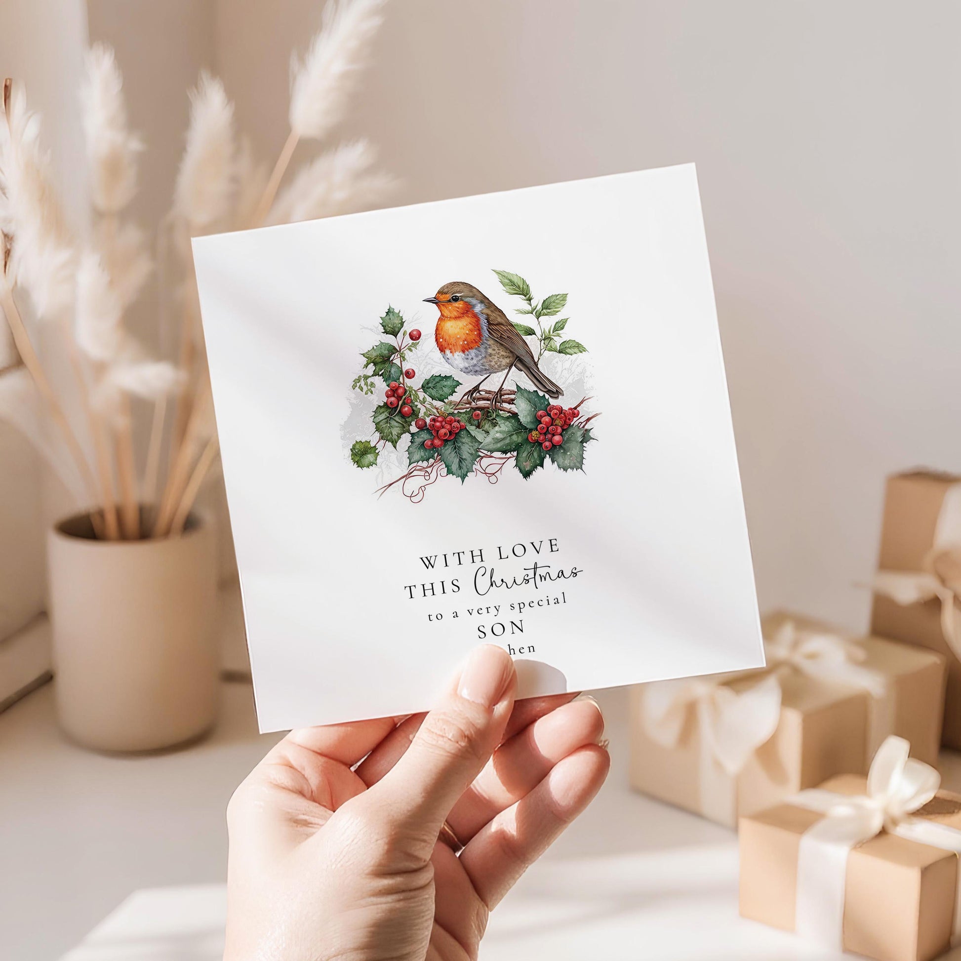 Son Christmas Card: Winter Robin Design (Custom Name Option)
