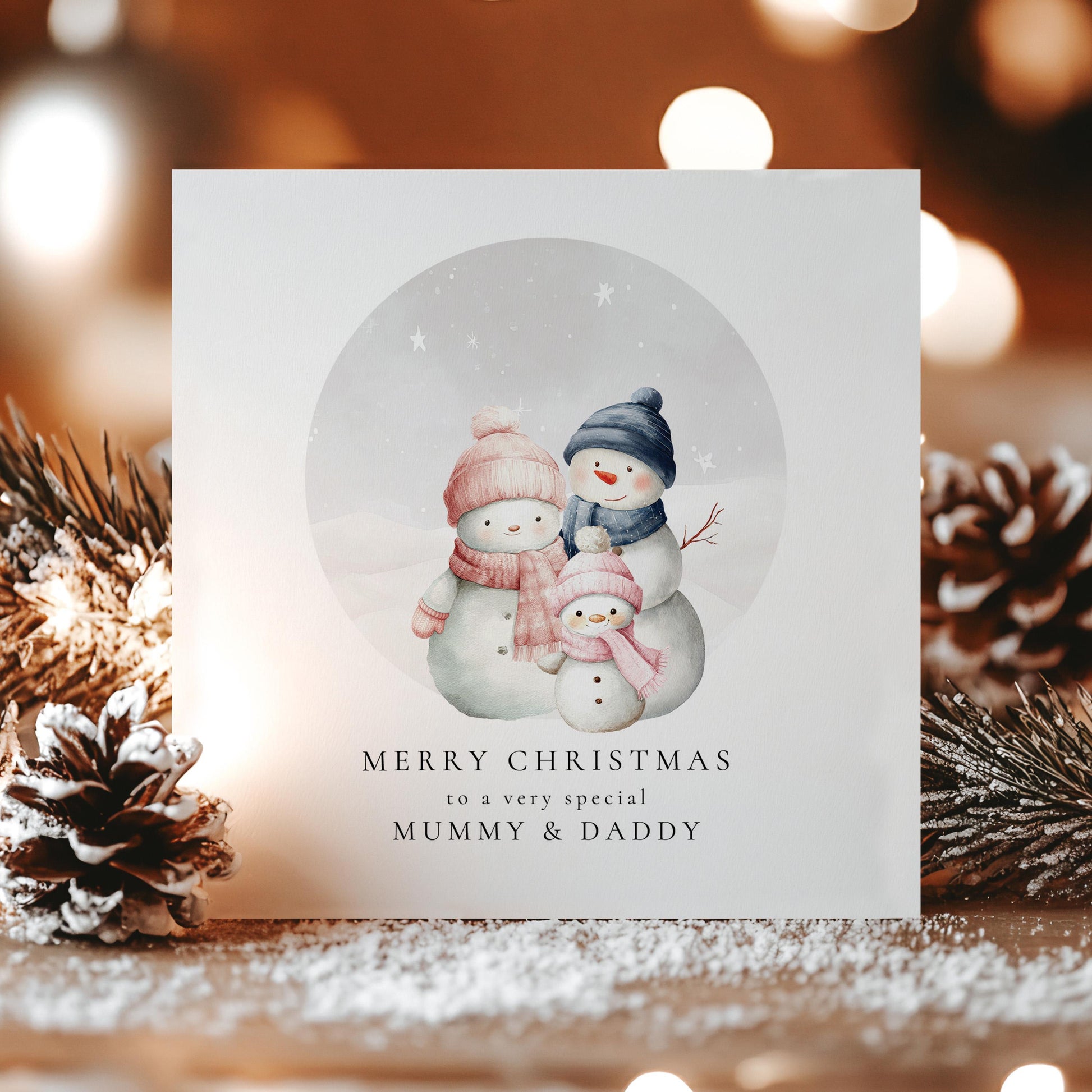 Christmas Card for Mummy and Daddy from Daughter, Personalised Snowman Family Card, Custom Name Parents Christmas Card