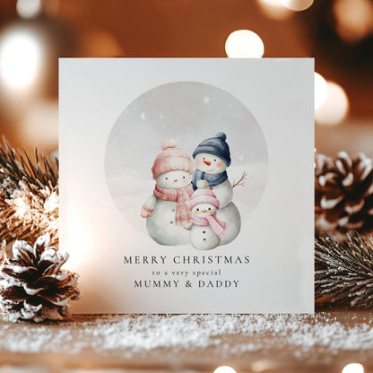 Christmas Card for Mummy and Daddy from Daughter, Personalised Snowman Family Card, Custom Name Parents Christmas Card