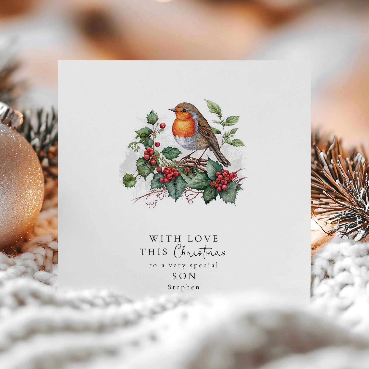 Son Christmas Card: Winter Robin Design (Custom Name Option)