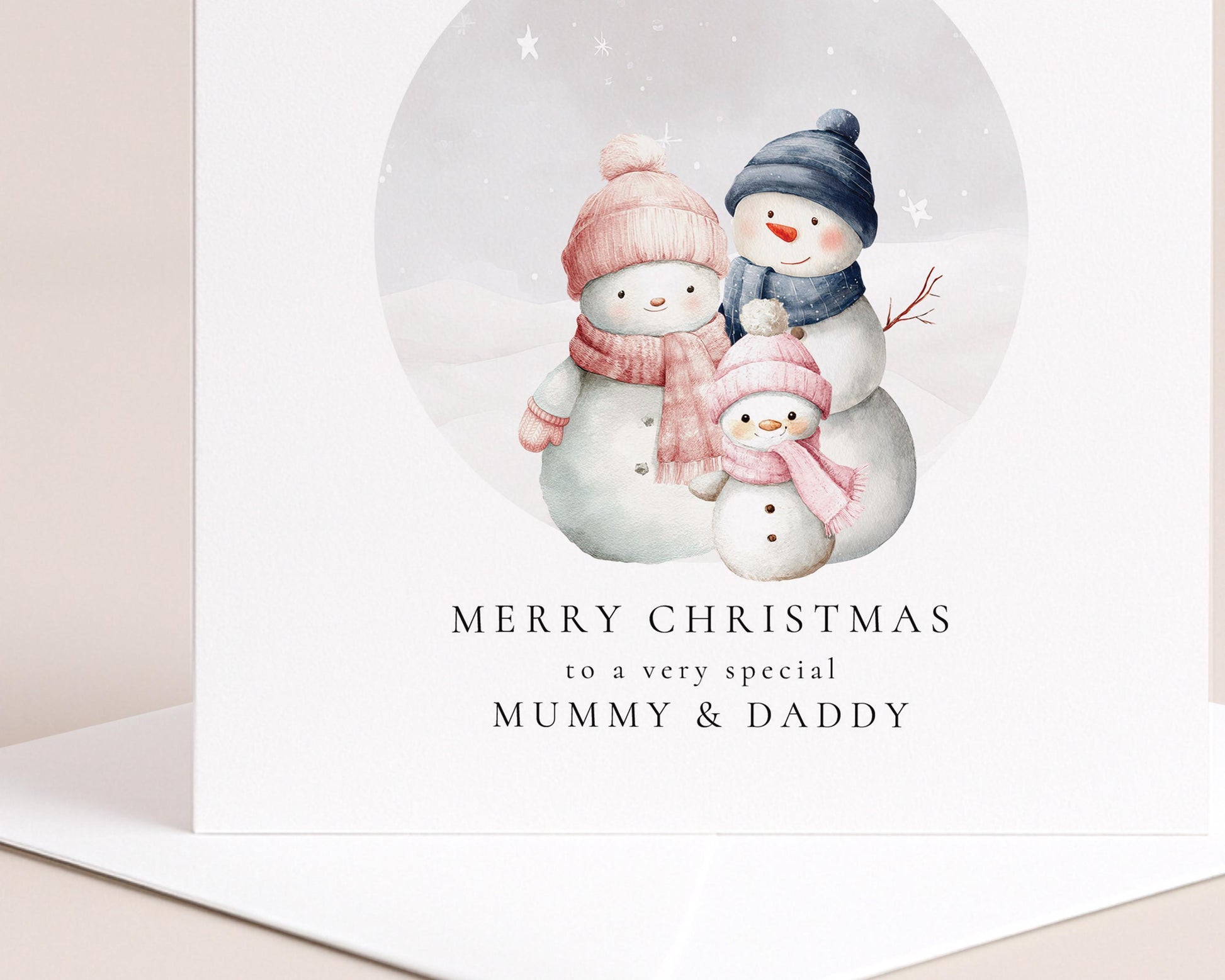 Christmas Card for Mummy and Daddy from Daughter, Personalised Snowman Family Card, Custom Name Parents Christmas Card
