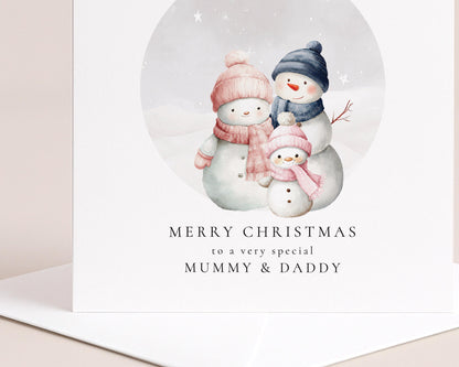 Christmas Card for Mummy and Daddy from Daughter, Personalised Snowman Family Card, Custom Name Parents Christmas Card