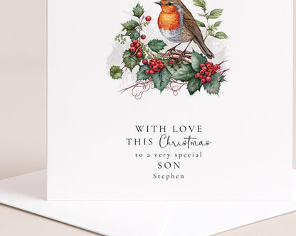 Son Christmas Card: Winter Robin Design (Custom Name Option)