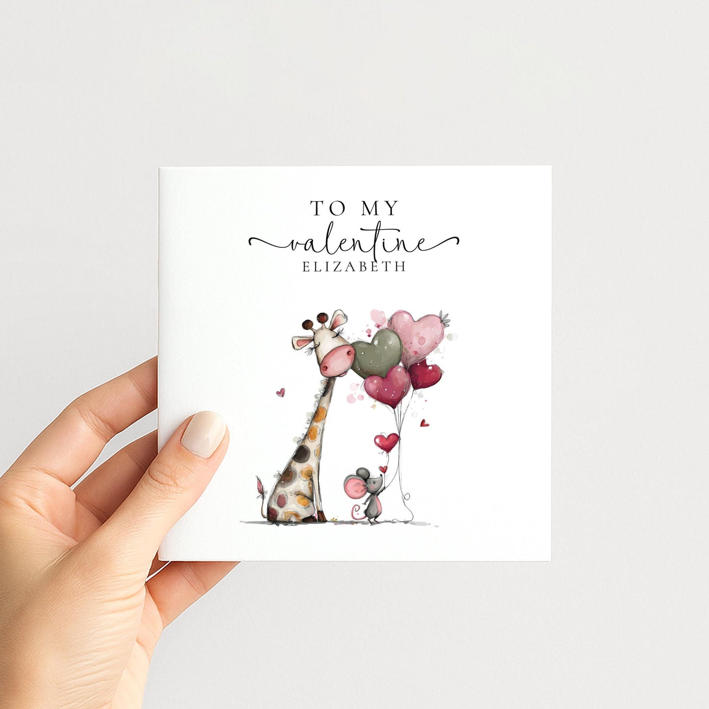 Personalised Valentine’s Card, Cute Giraffe and Mouse Card, Custom Name Romantic Valentine, Sweet Animal Love Card for Partner