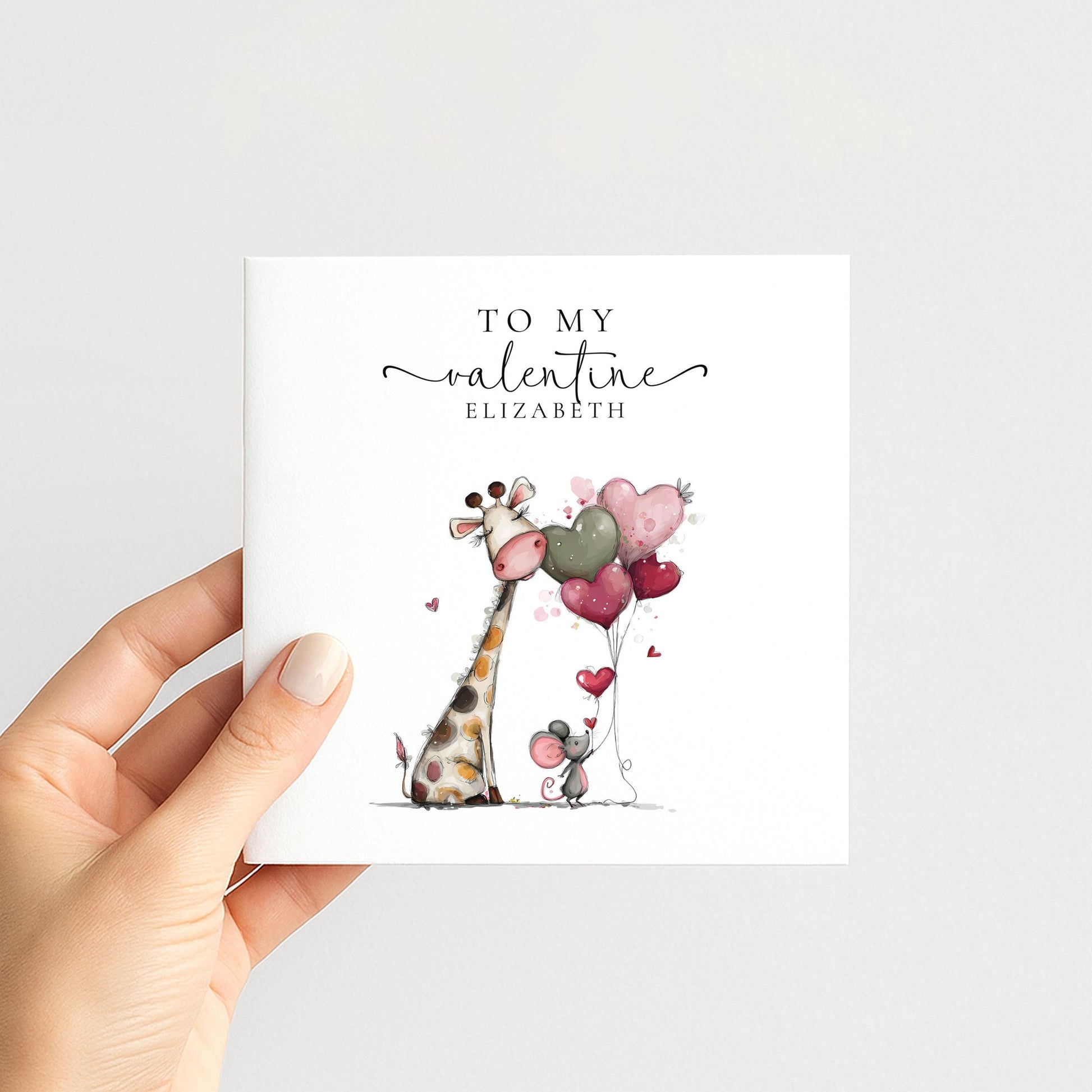 Personalised Valentine’s Card, Cute Giraffe and Mouse Card, Custom Name Romantic Valentine, Sweet Animal Love Card for Partner