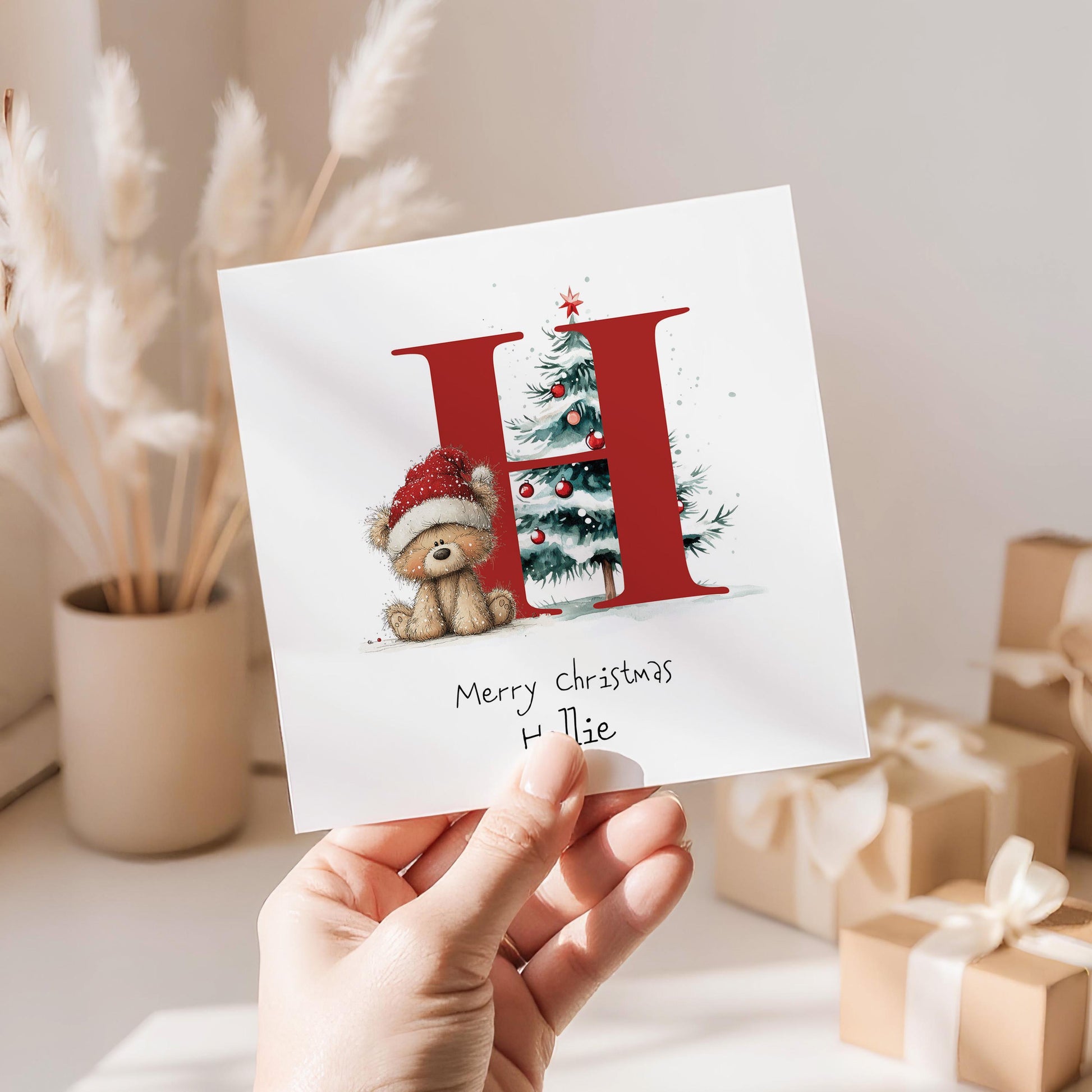 Personalised Initial Xmas Card, Letter H Christmas Card, Cute Bear Christmas Card for Kids, Grandchild