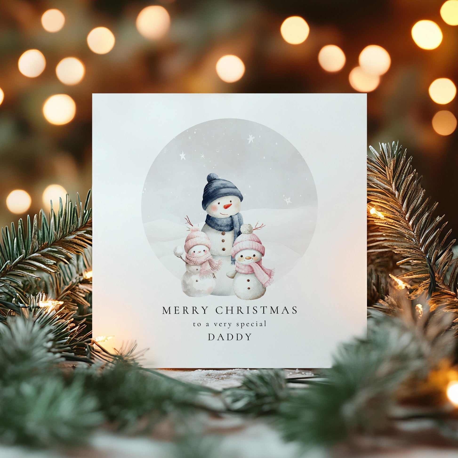 Daddy Christmas Card, Personalised Snowman Family with 2 Daughters, Custom Name Card for Dad, Christmas Card from Two Girls, Cute Xmas Card