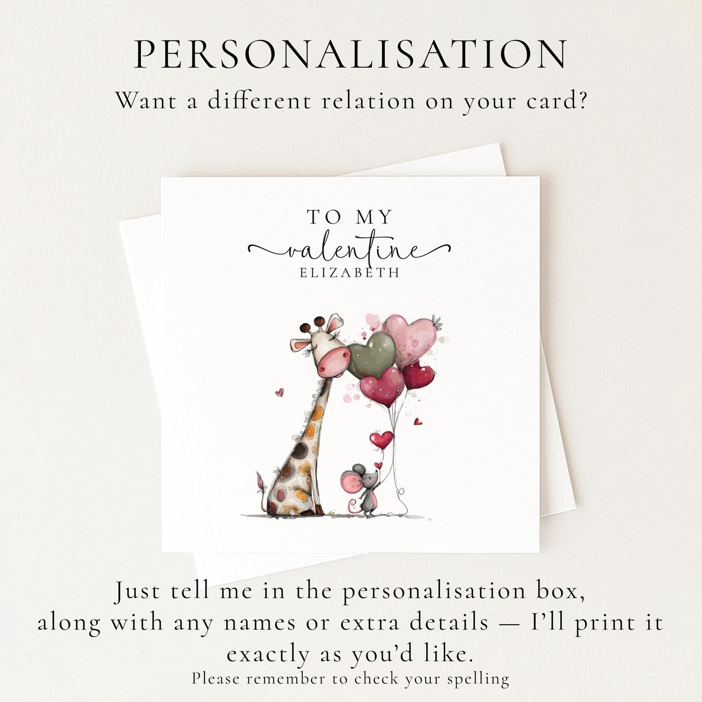 Personalised Valentine’s Card, Cute Giraffe and Mouse Card, Custom Name Romantic Valentine, Sweet Animal Love Card for Partner