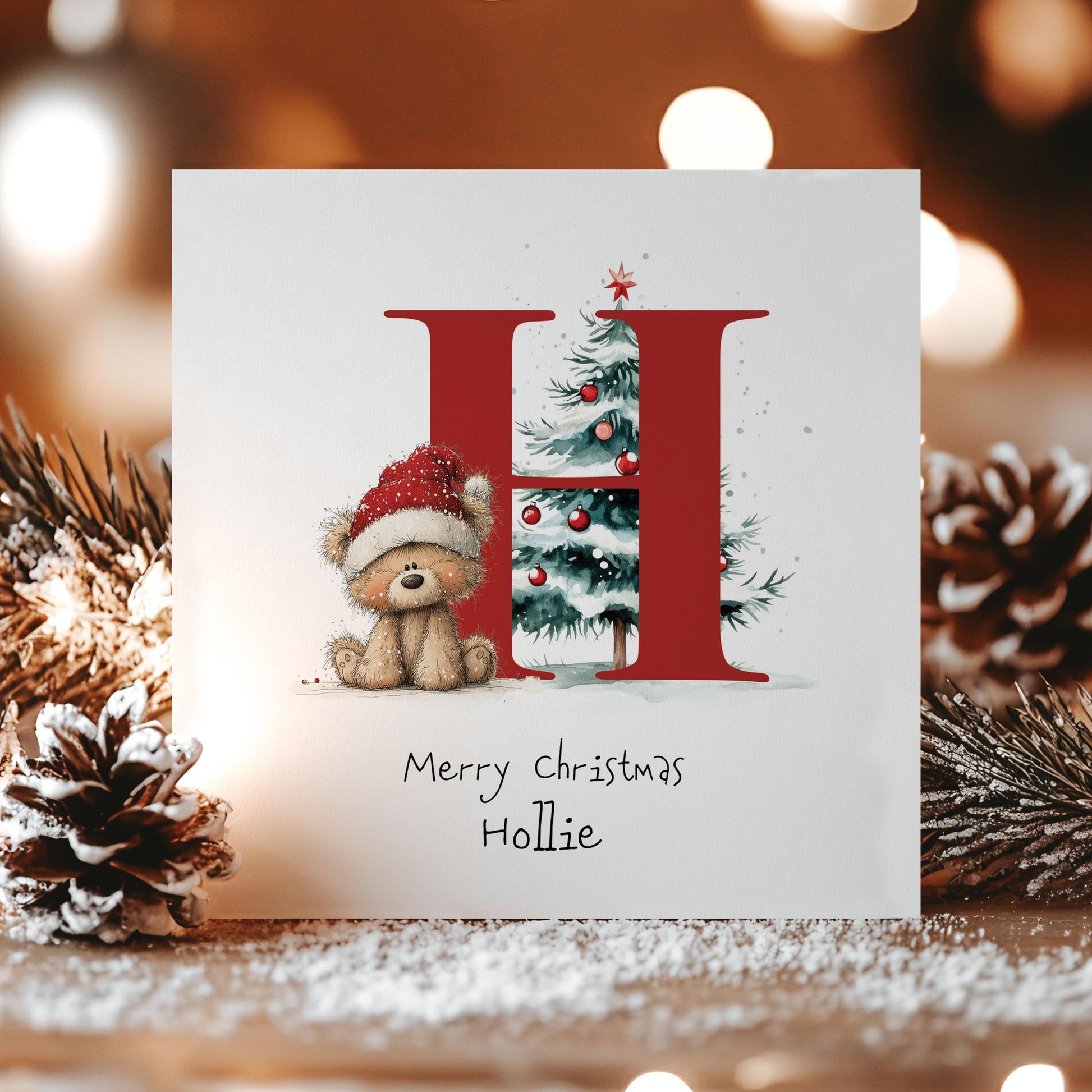 Personalised Initial Xmas Card, Letter H Christmas Card, Cute Bear Christmas Card for Kids, Grandchild