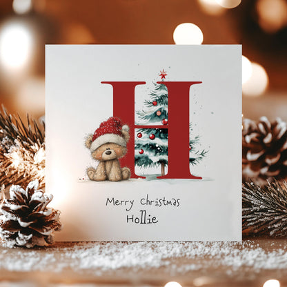 Personalised Initial Xmas Card, Letter H Christmas Card, Cute Bear Christmas Card for Kids, Grandchild