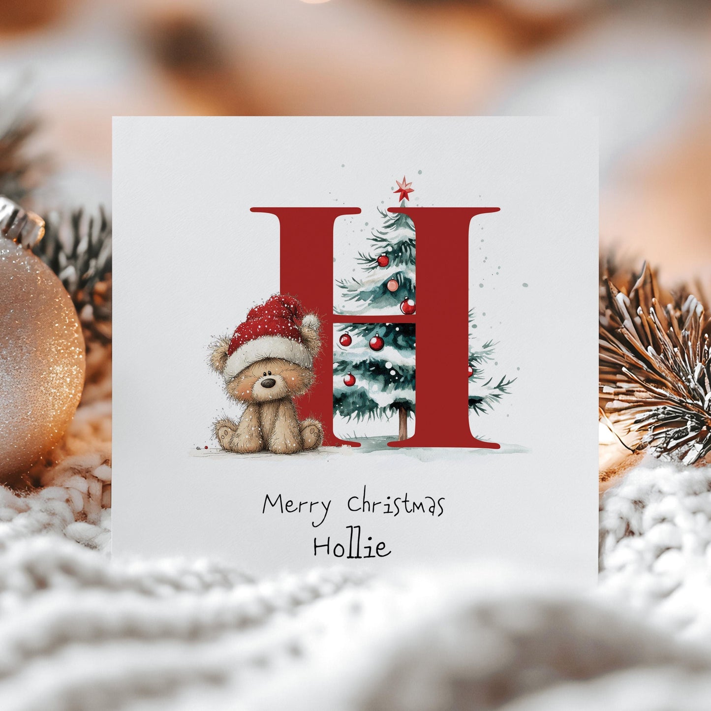 Personalised Initial Xmas Card, Letter H Christmas Card, Cute Bear Christmas Card for Kids, Grandchild