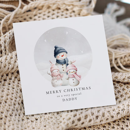 Daddy Christmas Card, Personalised Snowman Family with 2 Daughters, Custom Name Card for Dad, Christmas Card from Two Girls, Cute Xmas Card