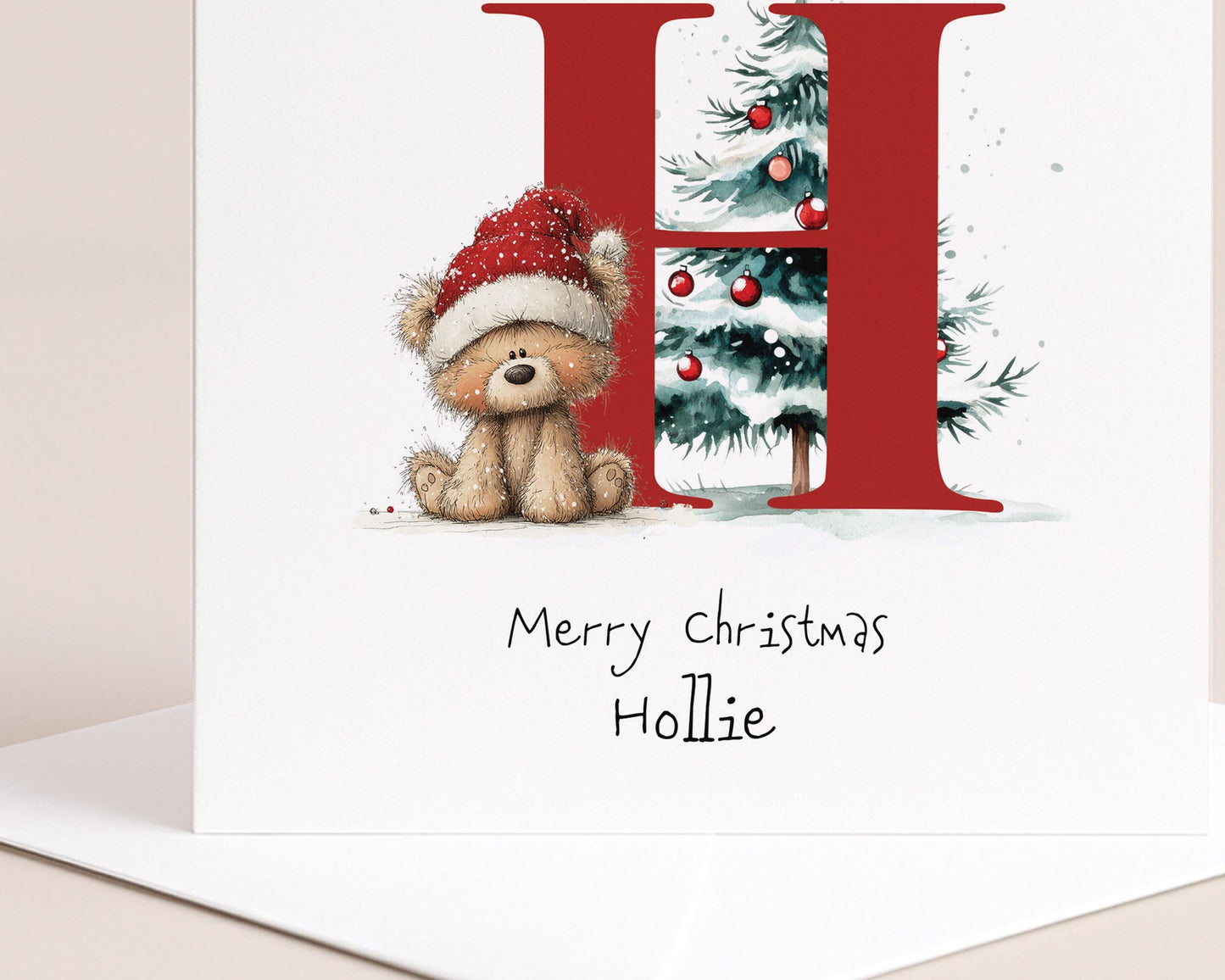 Personalised Initial Xmas Card, Letter H Christmas Card, Cute Bear Christmas Card for Kids, Grandchild