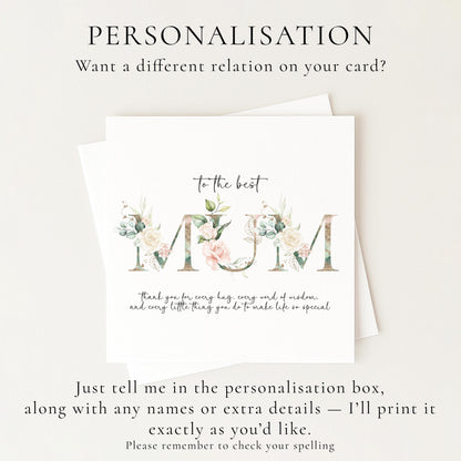 Mum Birthday Card, Mother’s Day Card for Mum, Floral Mum Card, To the Best Mum Card, Printed Greeting Card