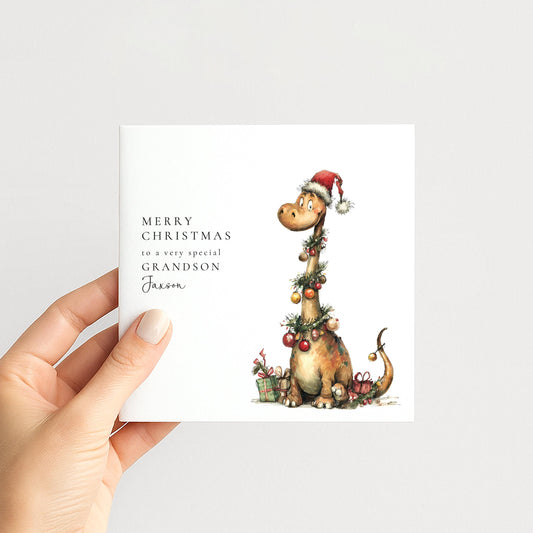 Grandson Christmas Card, Personalised Dinosaur Christmas Card, Cute Dino Xmas Card for Grandson, Custom Name Card, Printed Christmas Card